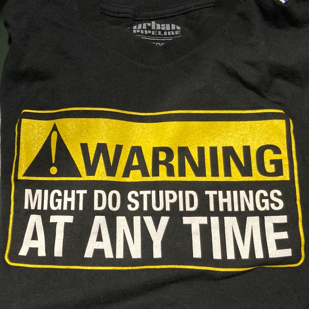 EUC Adult, medium black, short sleeve T-shirt with “Warning”